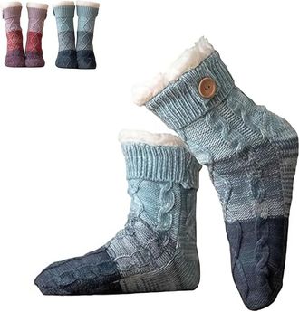 Generic Knitted Ultra-Thick Slipper Home Socks, Women Fuzzy Warm Slipper Sock Tri-color Knit Patchwork Non-Slip Warm Winter Socks (Blue)