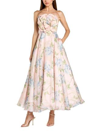 Mac Duggal Strapless Floral Organza Midi Dress With Flower in Powder Blue Multi at Nordstrom, Size 10