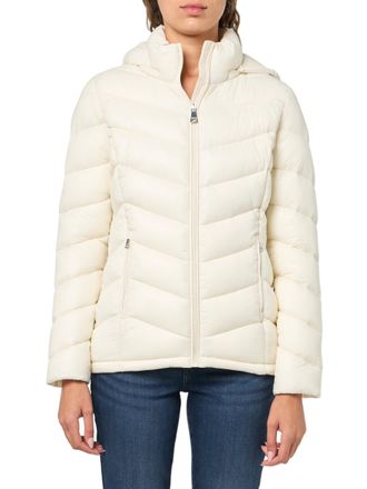 Calvin Klein Womens Classic Hooded Zip Front Puffer Coat Jacket, Warm Cream, S
