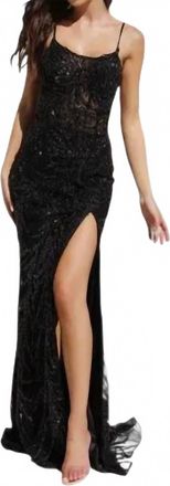 Primavera Scoop Neckline Beaded Sheath Slit Dress In Black