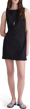 Madewell Boat Neck Shirred Linen Minidress in Jet Black at Nordstrom, Size 12