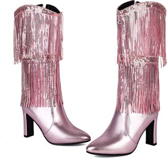 Generic Womens Glitter Mid Calf Boots Pointed Toe Chunky Heel Fringe Tassel Detail Western Ankle Booties Ladies Fashion Party Night Out Footwear Sparkly Eveni