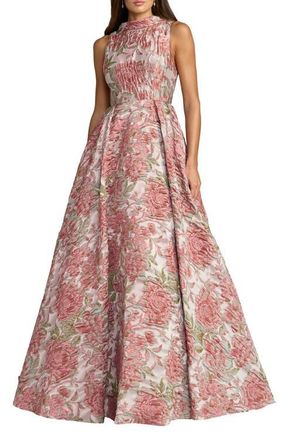 Mac Duggal Floral Brocade Sleeveless Ball Gown with V-Back in Rose Multi at Nordstrom, Size 10