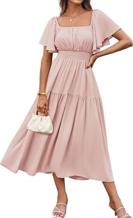 Grace Karin Ladies Elegant Summer Chiffon Dresses Square Neck Short Sleeve Flowy A Line Ocassion Dress Pink XL