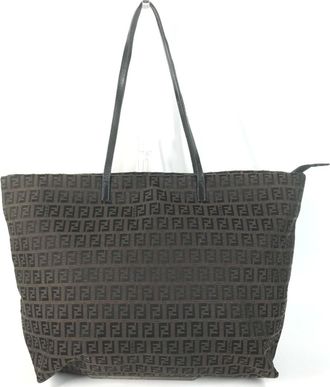 Fendi Brown Leather Canvas Shoulder Bag Tote Bag (Pre-Owned)