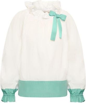 Maison Common Taffeta Blouse With Bloon Sleeves And Bow in White/green at Nordstrom, Size 36