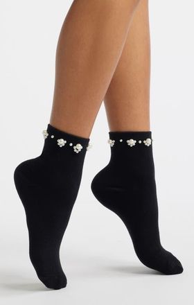 Stems Faux Pearl Embellished Quarter Socks in Black at Nordstrom