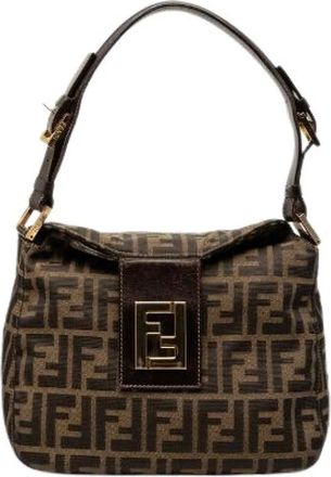Fendi Pre-owned Shoulder Bags, female, Brown, Size: ONE SIZE Pre-owned Mamma Baguette Zucca Canvas Leather Shoulder Bag
