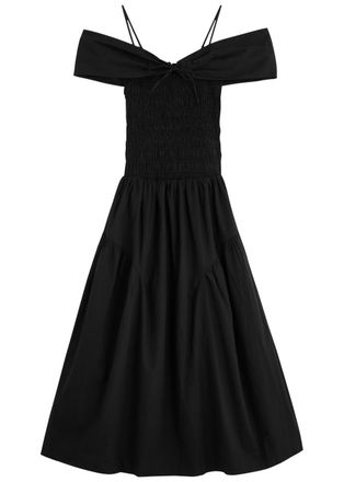 Damson Madder Esmerelda Smocked Cotton Midi Dress - Black - 10 (UK10 / S)