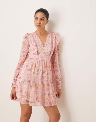 Vila ladder lace frill detail mini dress in peach floral print-pink