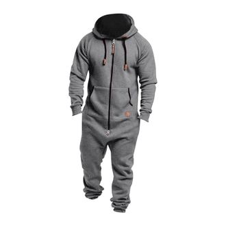 Generic Mens Oversized Solid Color One Piece Zip Up Hooded Jumpsuit Pajamas Mens Hooded Jumpsuit Rompers Zip Up Drawstring Long Sleeve Playsuit One Piece Trac