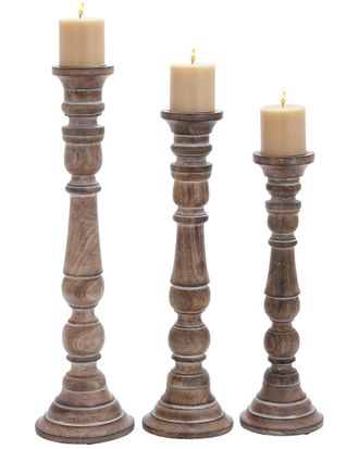 UMA Enterprises Inc. Set Of 3 Mango Wood Handmade Candle Holders With Turned Style