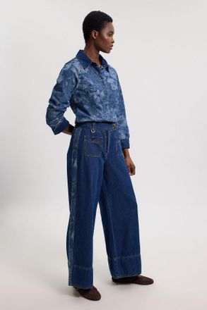 Karen Millen Womens Jacquard Denim Contrast Collar and Cuff Shirt - Blue Cotton - Size 16 UK