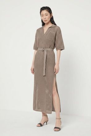 Brunello Cucinelli Taupe Belted Openwork Dress, Size X-Small