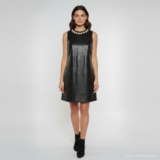 Alice & Olivia Alice + Olivia Black Leather Pearl Embellished Coley Mini Dress
