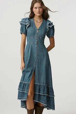 Pilcro Short Sleeve Ruffled Midi Shirtdress