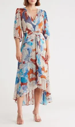 Calvin Klein Floral Faux Wrap Chiffon Maxi Dress in Oxford Multi at Nordstrom Rack, Size 6