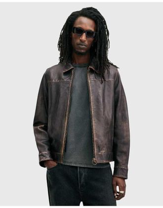 AllSaints Alkan - Giacca in pelle nera slavata con zip-Nero