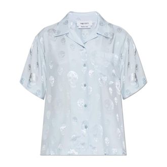Alexander McQueen Overhemden, Dames, Blauw, S, Satijn, Skull Print Hawaiian Shirt