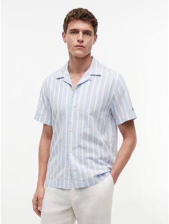 Tommy Hilfiger Mens Striped Cotton-Linen Blend Camp Shirt - Blue - XXL