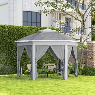 OUTSUNNY 3x4m Hexagon Gazebo w/ Metal Frame Mesh Curtains Outdoor Garden in Dark Grey