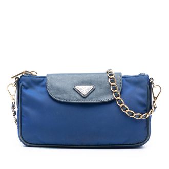 Prada Pre-owned Womens Saffiano Trimmed Tessuto Chain Crossbody - Medium Blue Textile - One Size