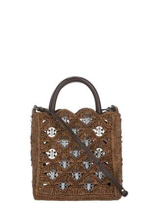 Paco Rabanne Brown Woven Raphia Silver Disc Detail Handbag