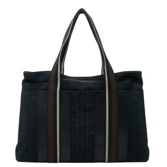 Herm&egrave;s Troca Horizontal Black Brown Canvas Leather Shoulder Bag Tote Bag (Pre-Owned)