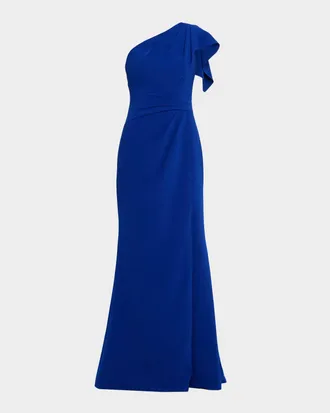 Teri Jon Pleated One-Shoulder Stretch Crepe Gown