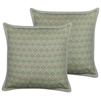 Beliani Conjunto De 2 Cojines De Algod&oacute;n Verde Oliva 45 X 45 Cm Hojas Cremallera Pictus