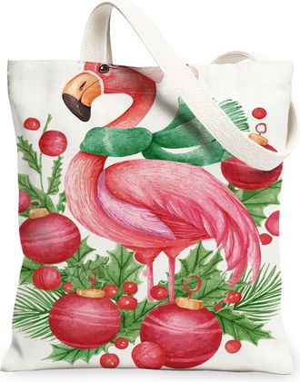 Generic Christmas Tropical Bird Canvas Tote Bags, Holiday Plant Pattern Reusable Grocery Bags, Vintage Lightweight Washable Shoulder Strap Canvas for Travel B