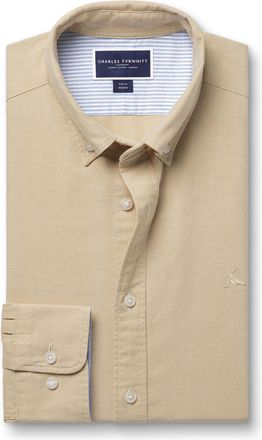 CHARLES TYRWHITT Stretch Washed Oxford Cotton Shirt - Stone Size Large by Charles Tyrwhitt