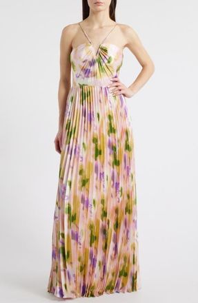 Lulus Cassia Floral Pleated Satin Gown in Pink Multi at Nordstrom, Size X-Small
