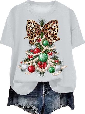 Generic Christmas T Shirt for Womens Funny Festive Printed Blouse Loose Fit Comfortable Xmas Pullover Ladies Short Sleeve Tshirts Christmas Crew Neck Casual S