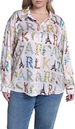 Karl Lagerfeld Logo Print Satin Button-Up Shirt in Bisque/panna Cotta Multi at Nordstrom, Size 1X