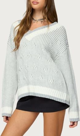 Edikted Lila Oversize Stripe Trim V-Neck Cable Sweater in Gray-Melange at Nordstrom, Size X-Small