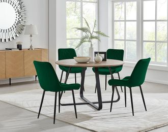 Furniturebox Santorini Brown Round Dining Table & 4 Pesaro Black Leg Chairs in Green