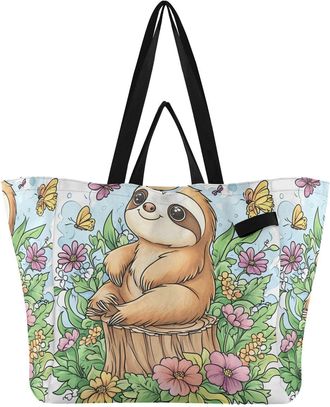 Generic Sloth Flowers White print Reusable Canvas Tote Bag, Heavy Duty Grocery Shopping Bag with Double Handles Large Capacity Hard Bottom Work Groceries Trav