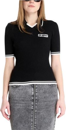 Off-white Ribgebreide T-Shirt met Logopatch - Dames - V-hals truien - Zwart - 2XS - Katoen - Truien & Vesten