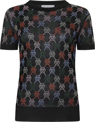 Philipp Plein Tops, Dames, Zwart, S, Gebreid Pure Fit T-Shirt Multicolor Monogram