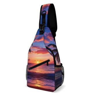 Generic Sunset with Palm Trees Beach Unisex Shoulder Bags Casual Crossbody Chest Bag Sling Backpack for Hiking Cycling Travel