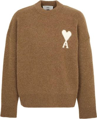 Ami Big Heart Logo Alpaca Crewneck Sweater Brown UKS836-KN0135-217