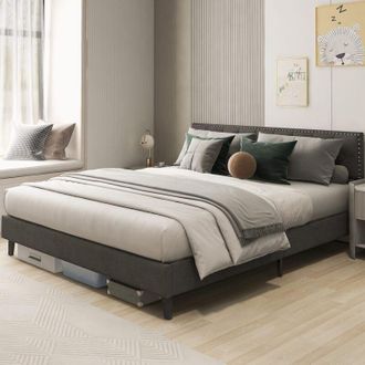 Costway Telaio del Letto a Piattaforma Imbottito, Struttura Letto Moderna con Testiera, Piattaforma Letto con Doghe in Legno, Carico Massimo 450kg