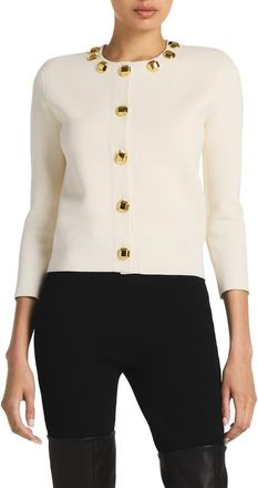 St. John Stud Detail Piqu&eacute; Cardigan in Ecru at Nordstrom, Size Large