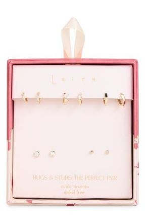 Leith Set of 5 Cubic Zirconia Bezel Stud & Hoop Earrings in Clear- Gold at Nordstrom Rack