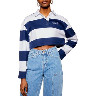 Topshop Nice Try Rugby Polo Crop Top in Navy Blue Multi at Nordstrom, Size Large
