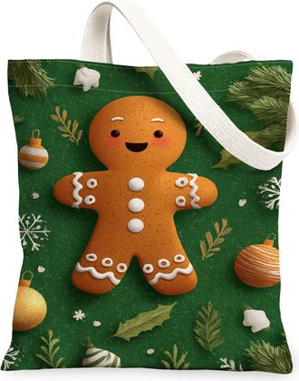 Generic Gingerbread Canvas Tote Bags, Holiday Pattern Reusable Shopping Bags, Winter Joyful Vintage Lightweight Washable Shoulder S, Green, 13x15 Inch