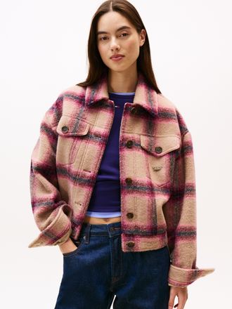 Tommy Jeans Hemdjacke TOMMY JEANS TJW WOOL TRUCKER JACKET, Damen, Gr. L (40), rosa (mystic pink, check), Web, Obermaterial: 52% Wolle, 32% Polyester, 16% Polyacry