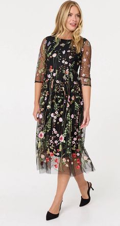 Izabel London Womens Black Floral Embroidered Mesh Midi Dress - Size 8 UK