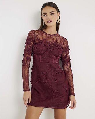 River Island Womens Mini Dress Red Lace Long Sleeve Embellished - Purple - Size 14 UK